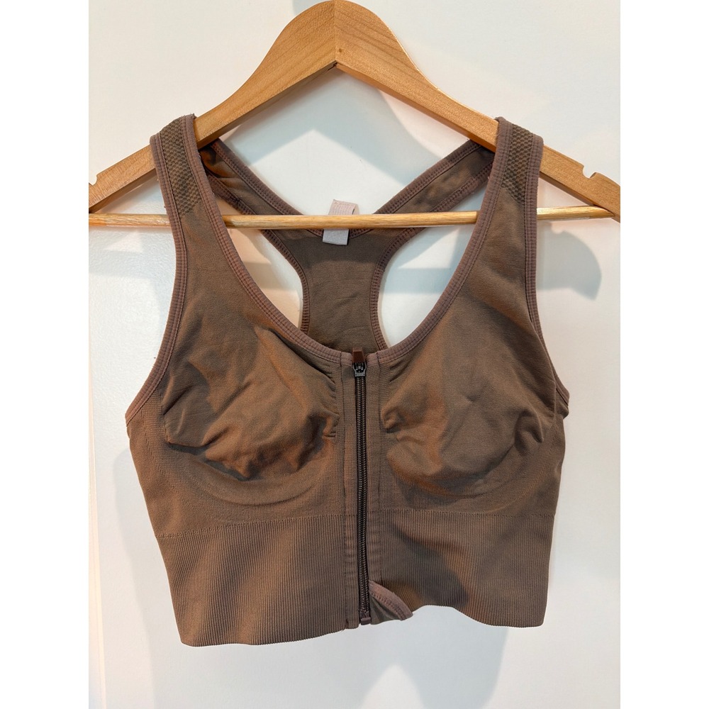 Velocity Womens Brown Front Zip Racerback Sports Bra Large High Impact Gym Top